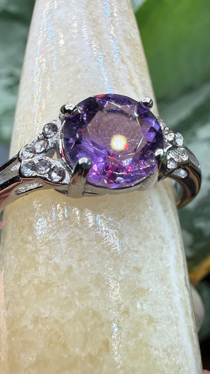 Natural Faceted Amethyst Ring Size 9 in 316L Stainless Steel- 8mm Round Gemstone