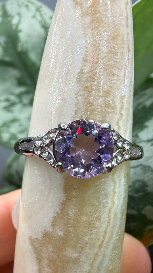 Natural Faceted Amethyst Ring Size 10 in 316L Stainless Steel- 8mm Round Gemstone