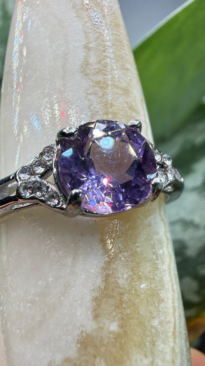Natural Faceted Amethyst Ring Size 10 in 316L Stainless Steel- 8mm Round Gemstone