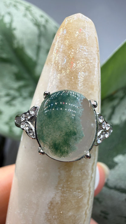 Natural Moss Agate Cabochon Ring Size 6 in 316L Stainless Steel- 10x12mm Oval Gemstone