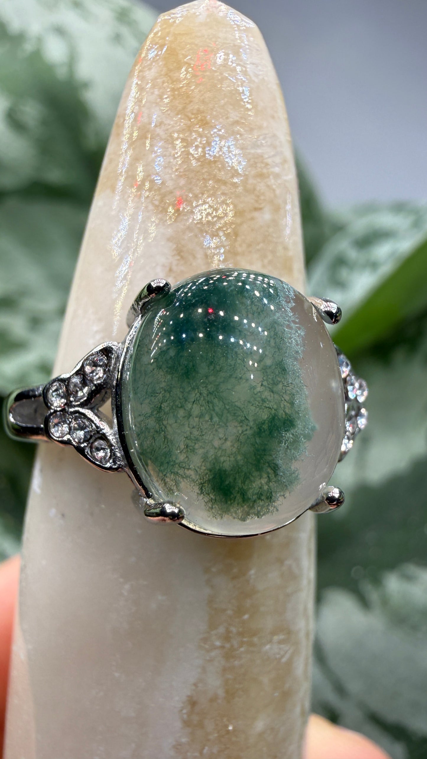 Natural Moss Agate Cabochon Ring Size 6 in 316L Stainless Steel- 10x12mm Oval Gemstone