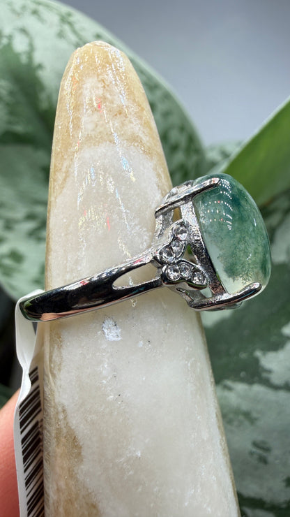 Natural Moss Agate Cabochon Ring Size 6 in 316L Stainless Steel- 10x12mm Oval Gemstone