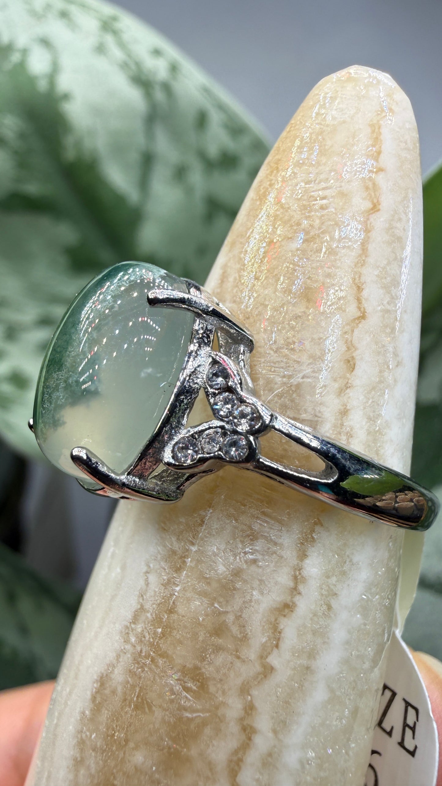 Natural Moss Agate Cabochon Ring Size 6 in 316L Stainless Steel- 10x12mm Oval Gemstone
