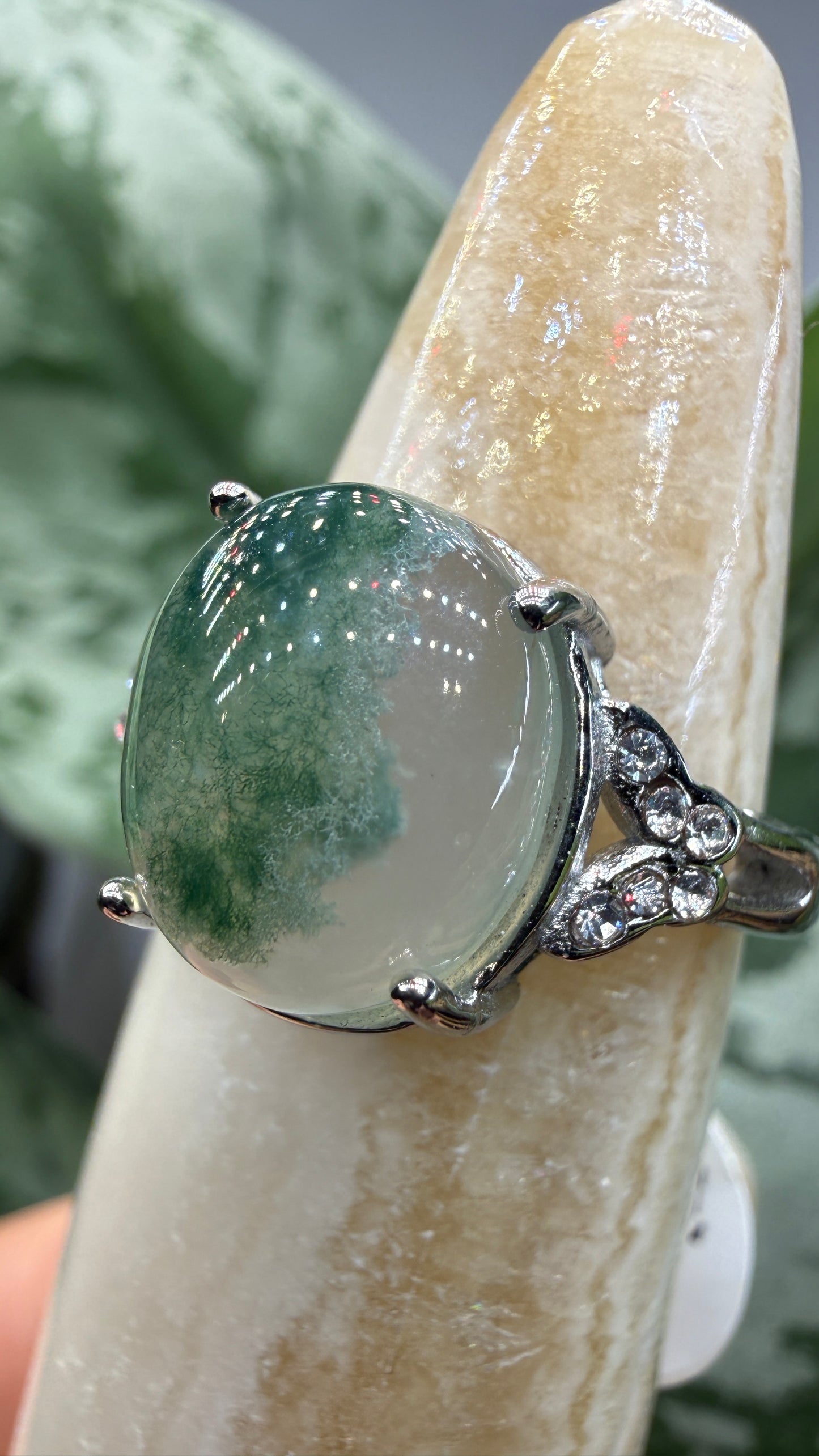 Natural Moss Agate Cabochon Ring Size 6 in 316L Stainless Steel- 10x12mm Oval Gemstone