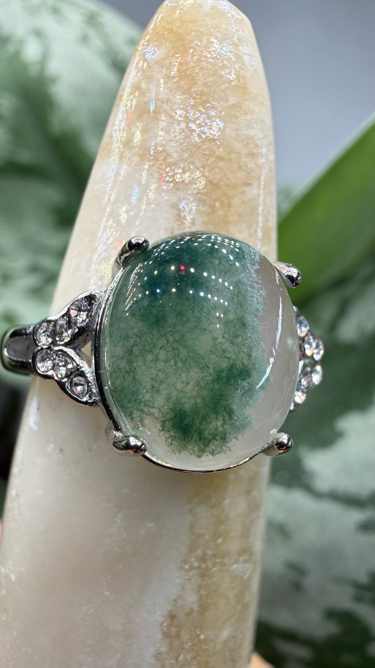 Natural Moss Agate Cabochon Ring Size 6 in 316L Stainless Steel- 10x12mm Oval Gemstone