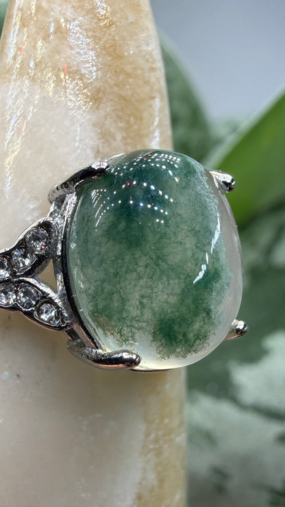 Natural Moss Agate Cabochon Ring Size 6 in 316L Stainless Steel- 10x12mm Oval Gemstone