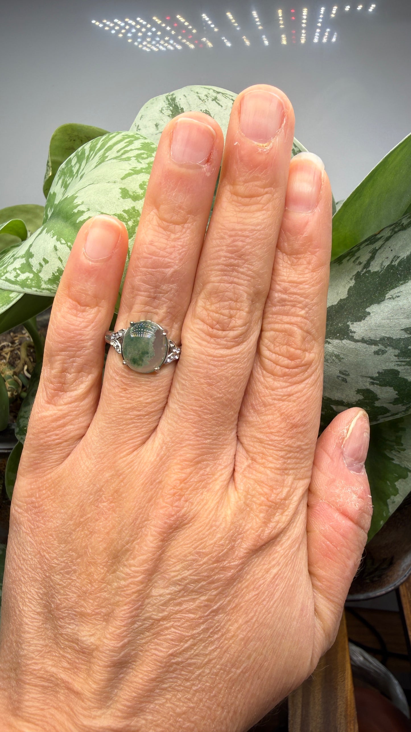 Natural Moss Agate Cabochon Ring Size 6 in 316L Stainless Steel- 10x12mm Oval Gemstone