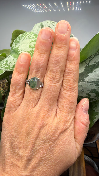 Natural Moss Agate Cabochon Ring Size 6 in 316L Stainless Steel- 10x12mm Oval Gemstone