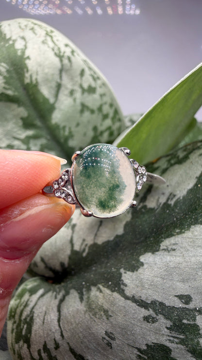 Natural Moss Agate Cabochon Ring Size 6 in 316L Stainless Steel- 10x12mm Oval Gemstone
