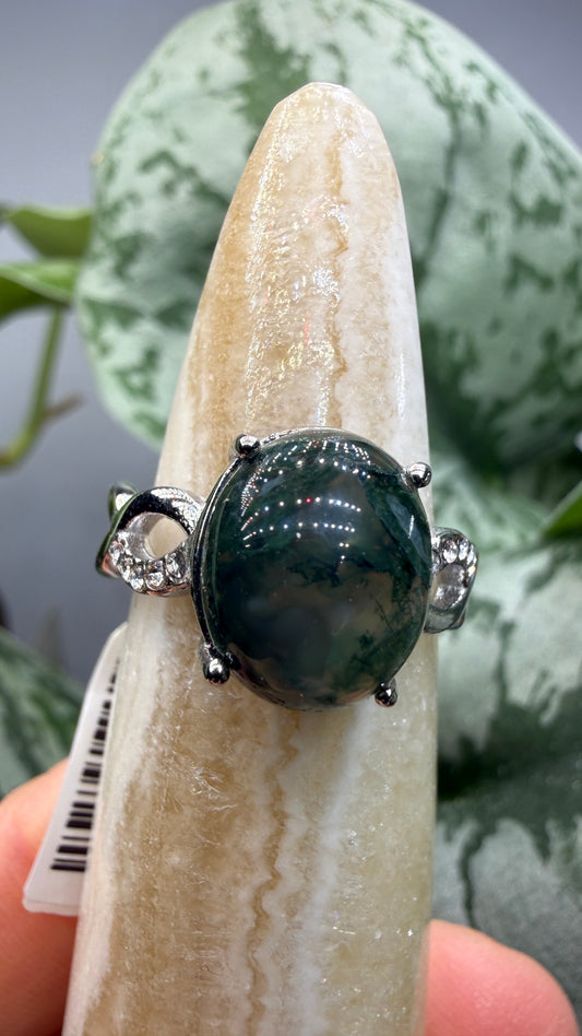 Natural Moss Agate Cabochon Ring Size 7 in 316L Stainless Steel- 10x12mm Oval Gemstone