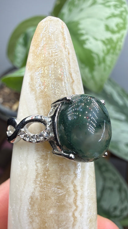 Natural Moss Agate Cabochon Ring Size 7 in 316L Stainless Steel- 10x12mm Oval Gemstone