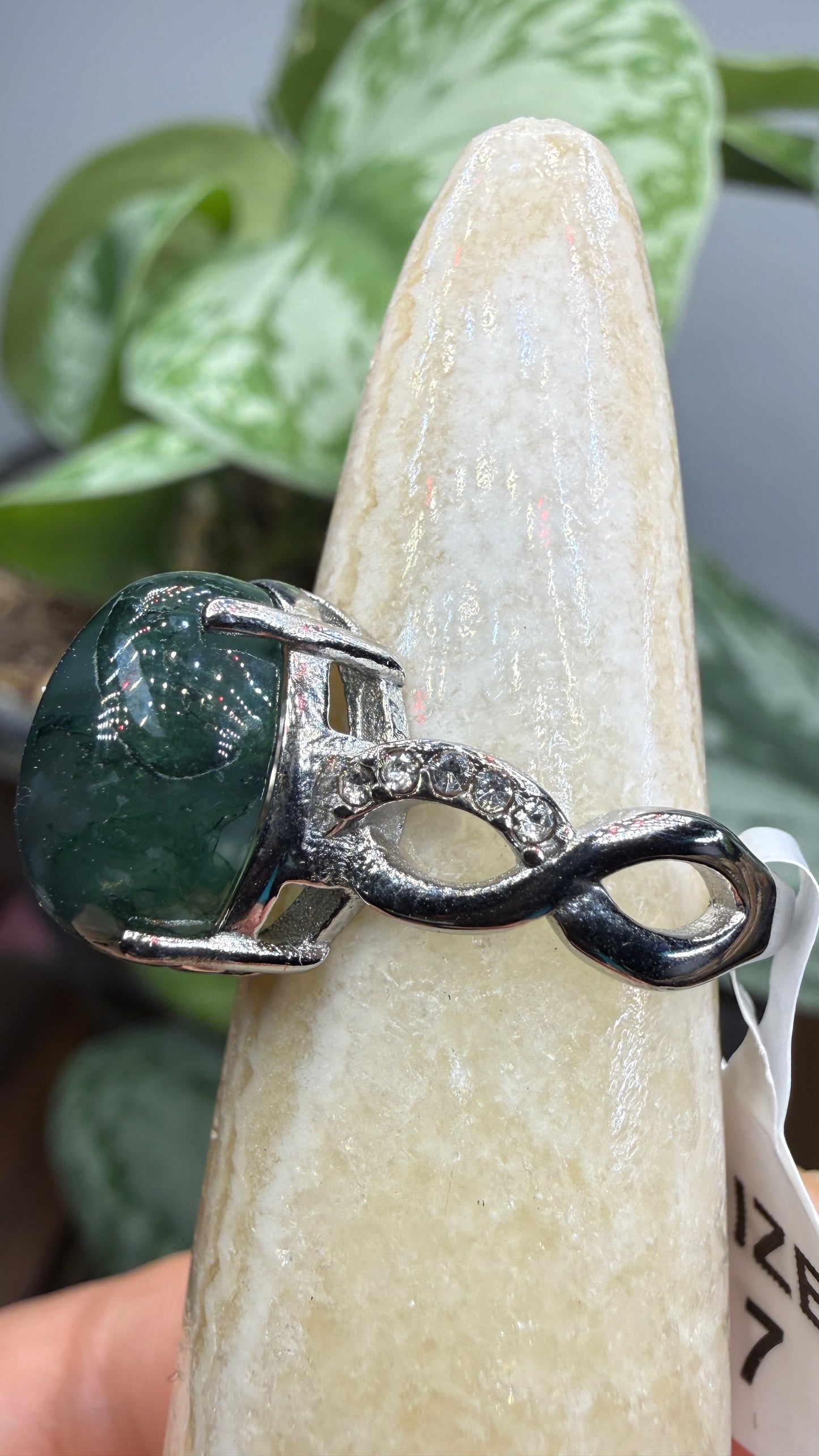Natural Moss Agate Cabochon Ring Size 7 in 316L Stainless Steel- 10x12mm Oval Gemstone