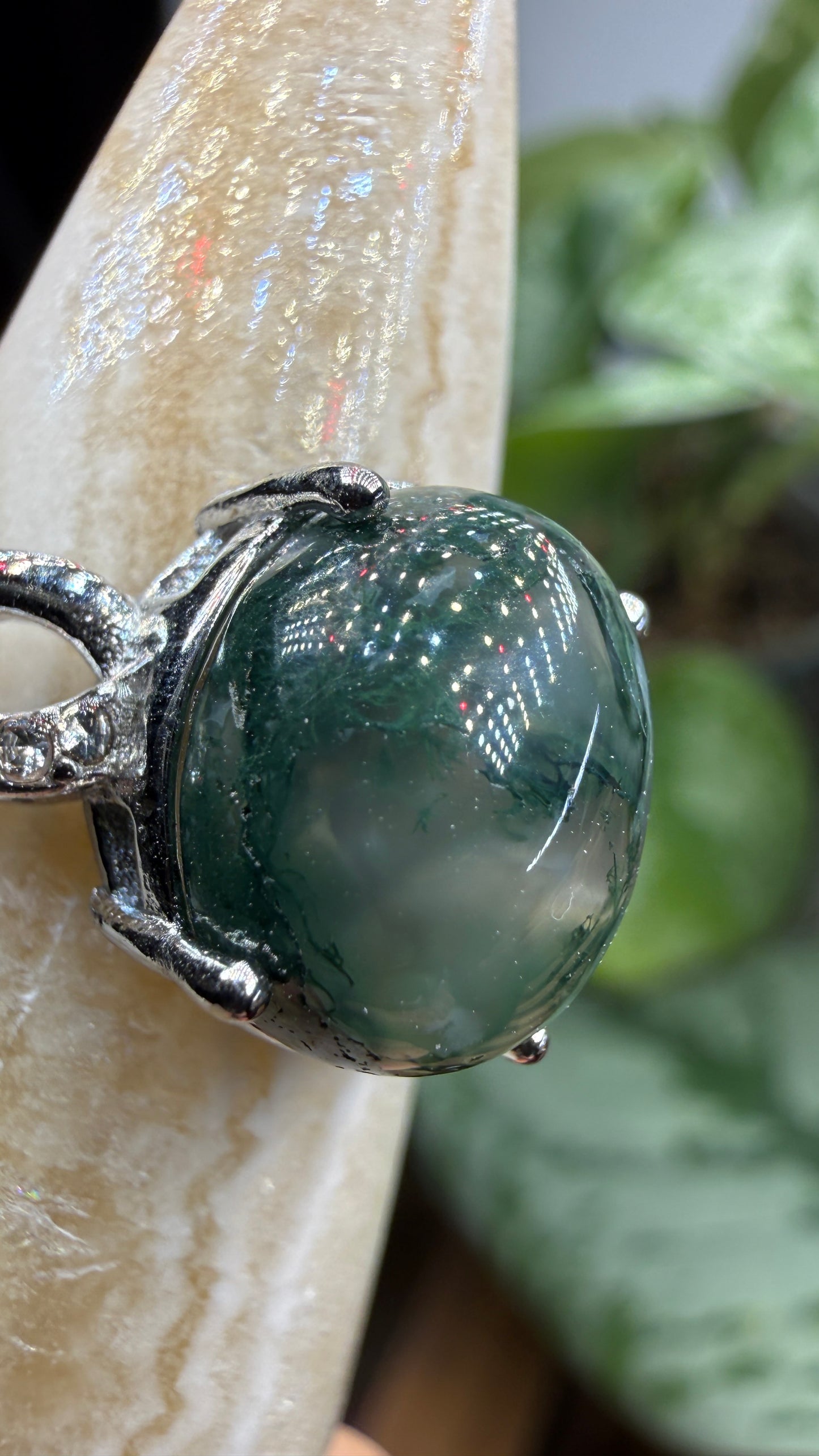 Natural Moss Agate Cabochon Ring Size 7 in 316L Stainless Steel- 10x12mm Oval Gemstone