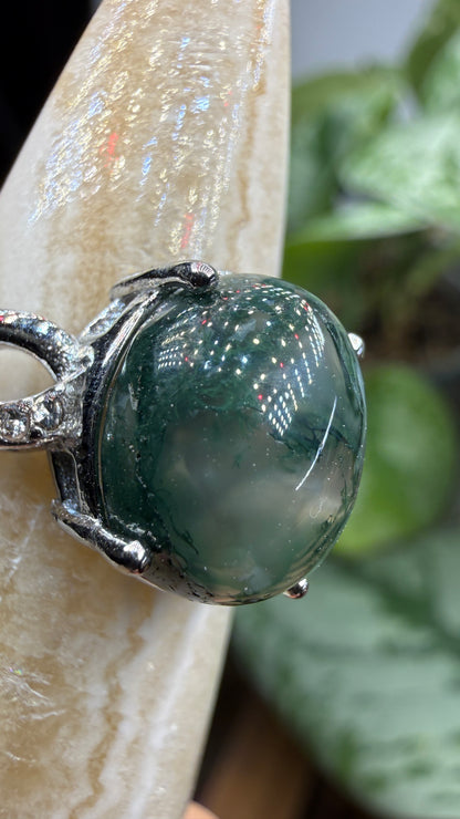 Natural Moss Agate Cabochon Ring Size 7 in 316L Stainless Steel- 10x12mm Oval Gemstone