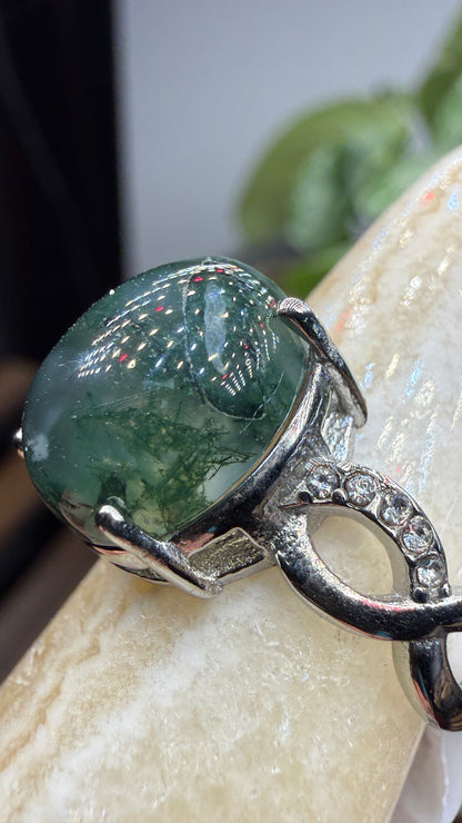 Natural Moss Agate Cabochon Ring Size 7 in 316L Stainless Steel- 10x12mm Oval Gemstone