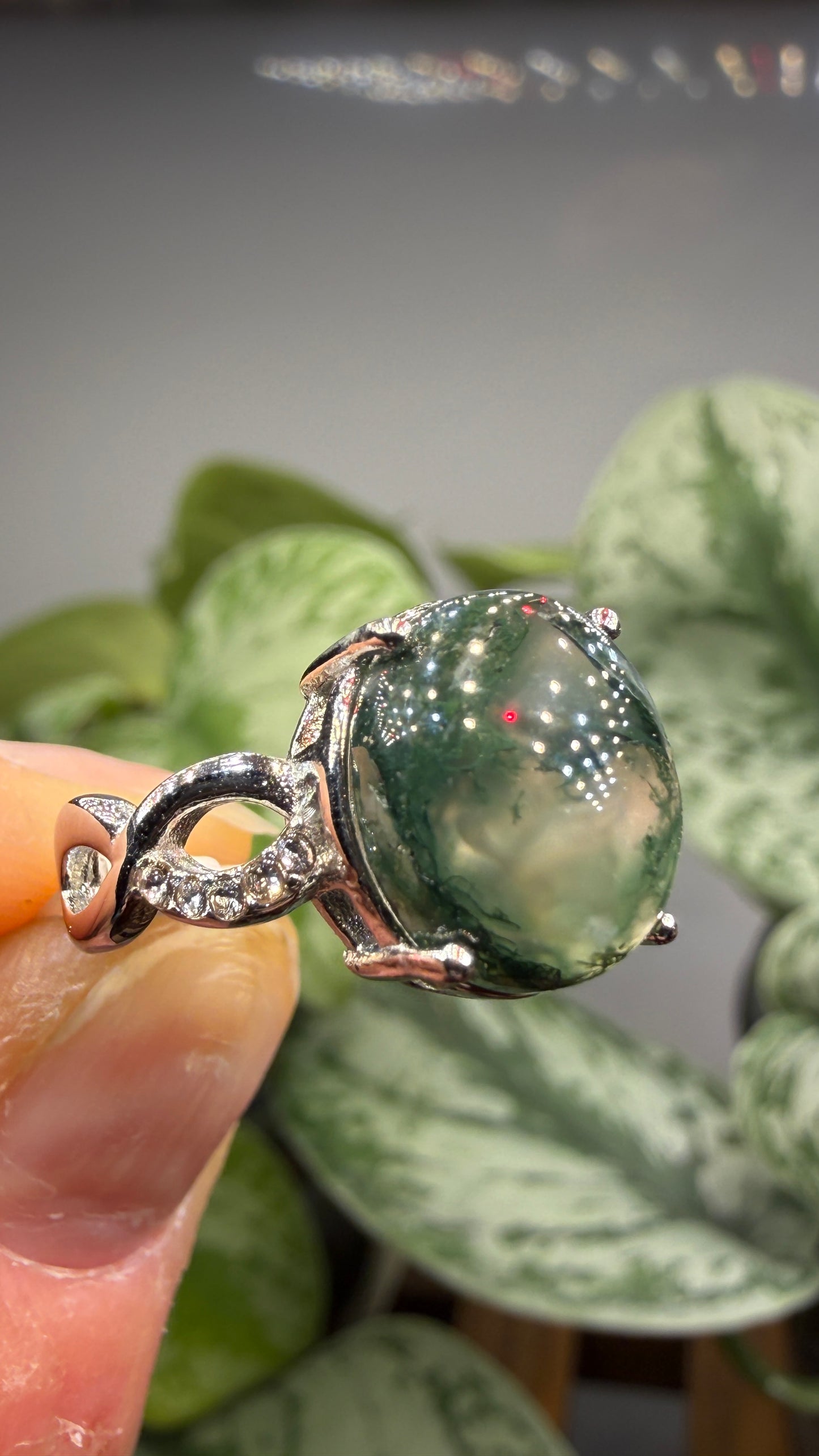 Natural Moss Agate Cabochon Ring Size 7 in 316L Stainless Steel- 10x12mm Oval Gemstone