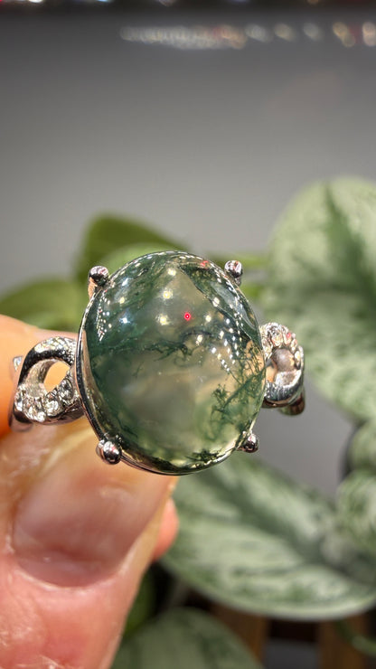 Natural Moss Agate Cabochon Ring Size 7 in 316L Stainless Steel- 10x12mm Oval Gemstone