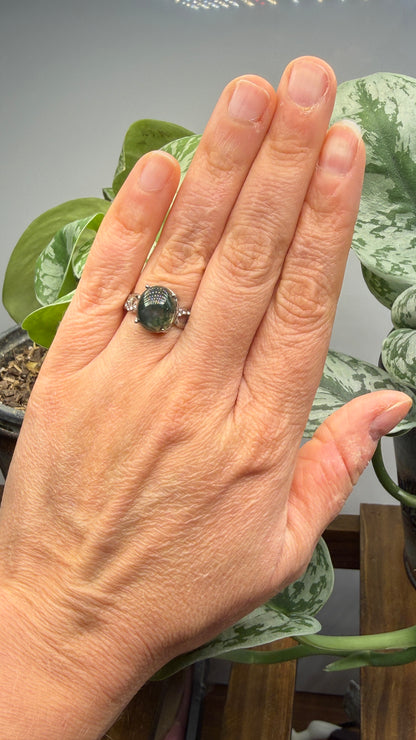 Natural Moss Agate Cabochon Ring Size 7 in 316L Stainless Steel- 10x12mm Oval Gemstone