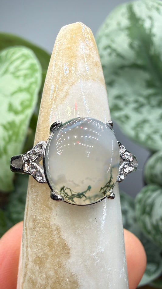 Natural Moss Agate Cabochon Ring Size 7 in 316L Stainless Steel- 10x12mm Oval Gemstone