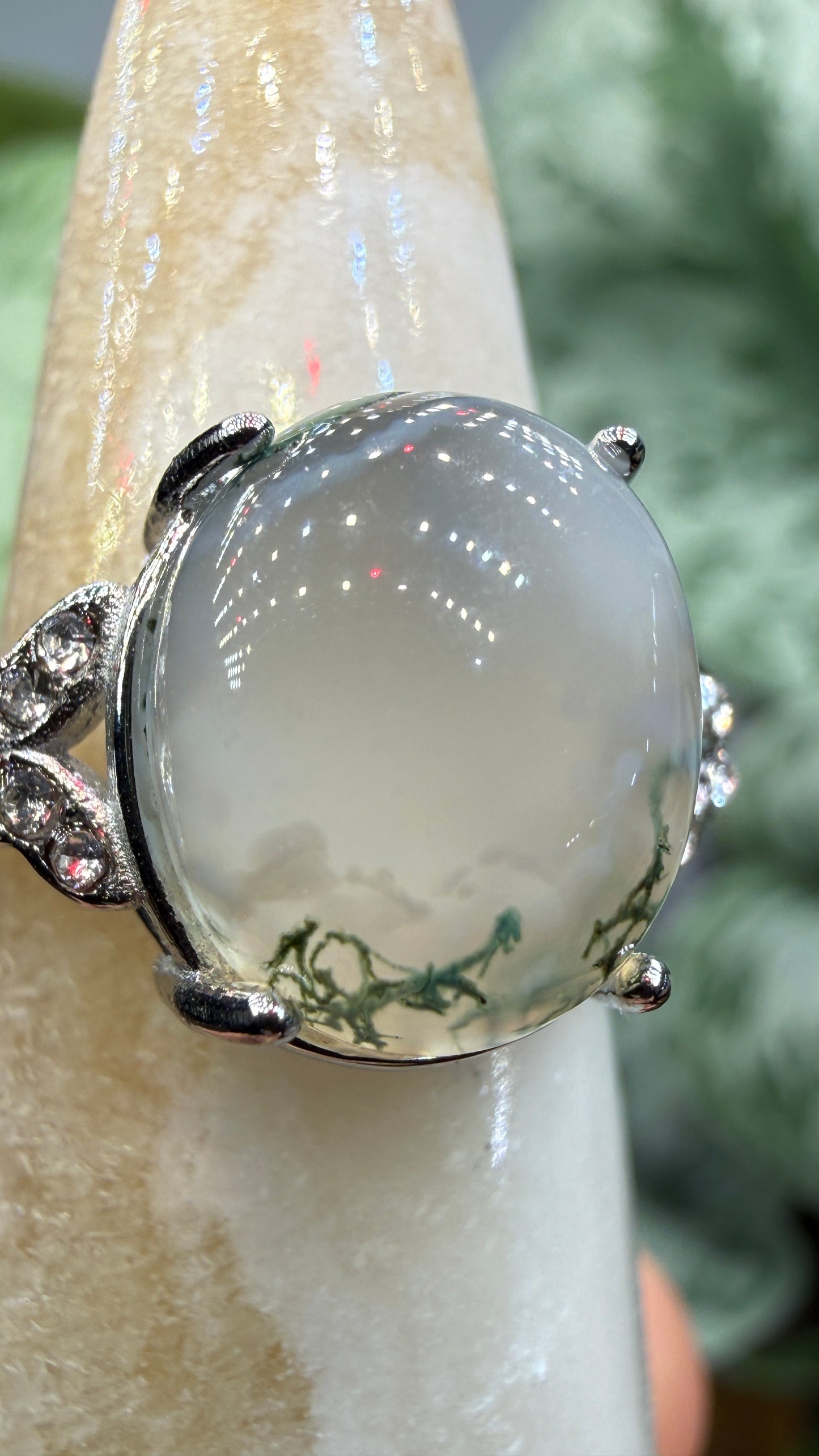 Natural Moss Agate Cabochon Ring Size 7 in 316L Stainless Steel- 10x12mm Oval Gemstone