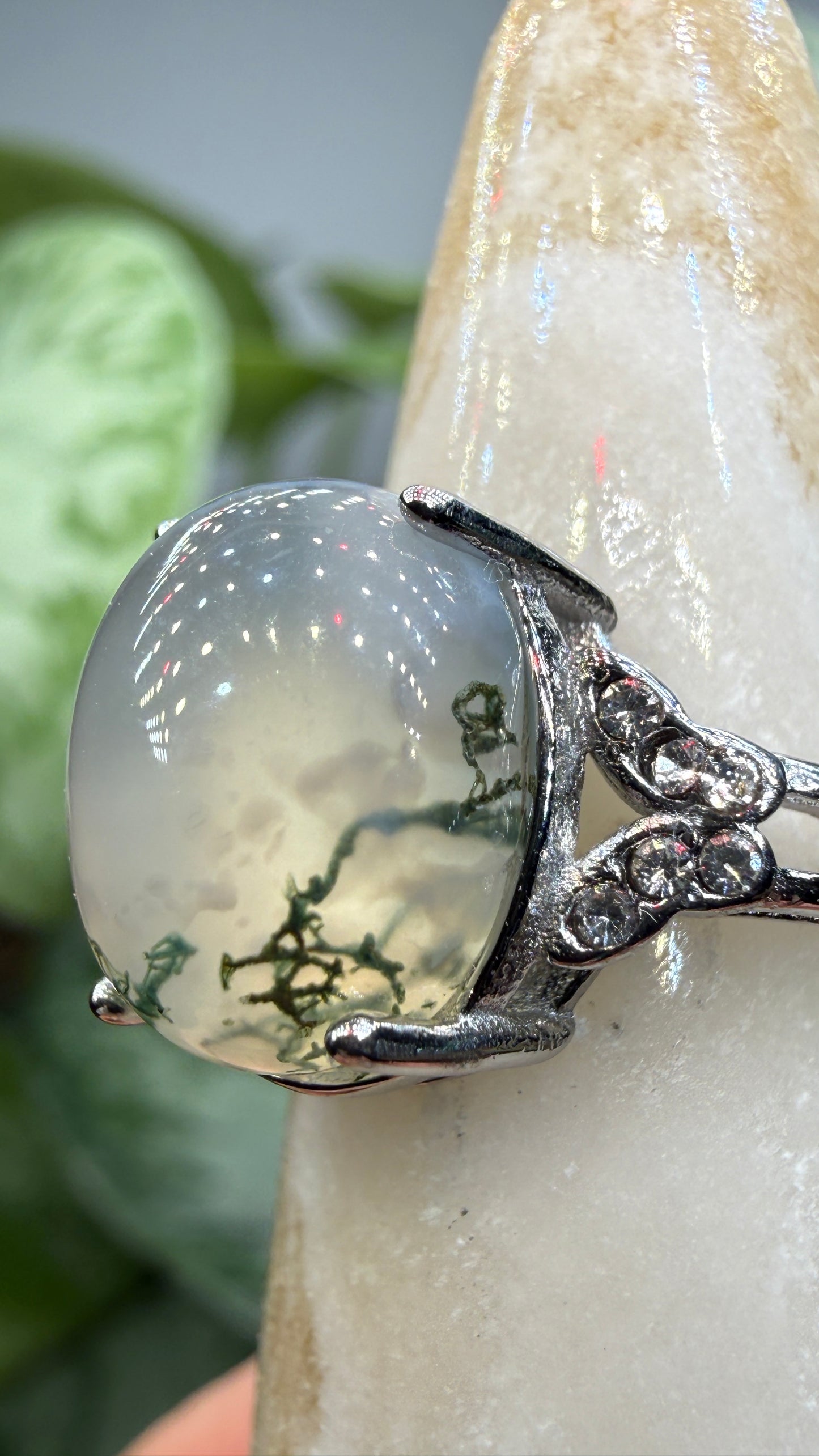 Natural Moss Agate Cabochon Ring Size 7 in 316L Stainless Steel- 10x12mm Oval Gemstone