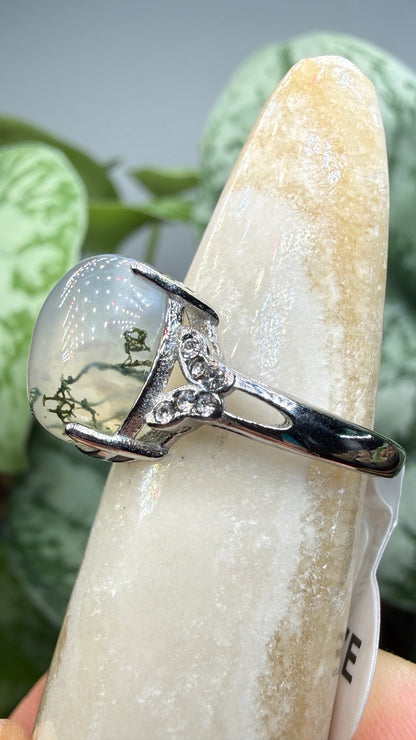 Natural Moss Agate Cabochon Ring Size 7 in 316L Stainless Steel- 10x12mm Oval Gemstone