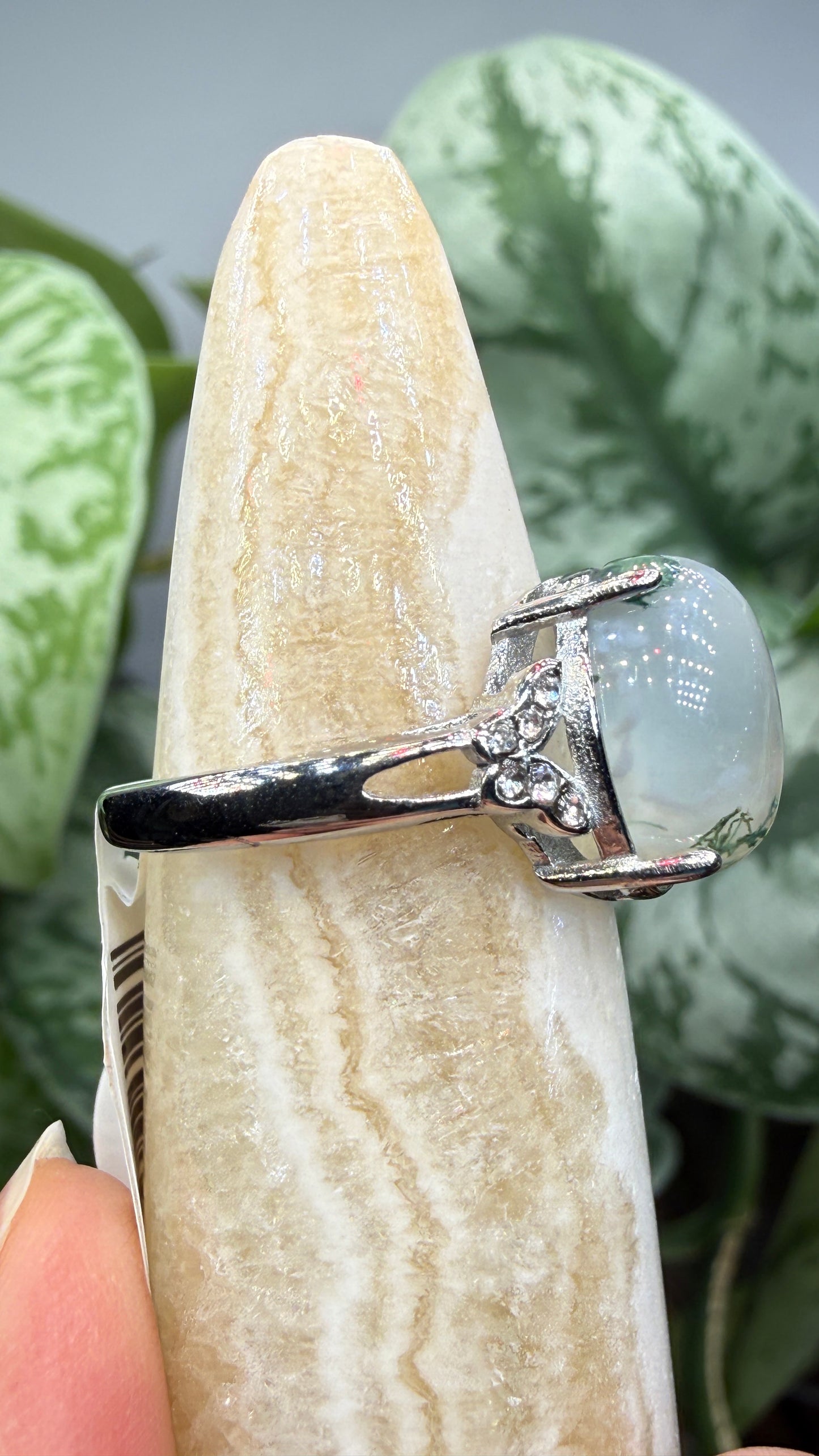 Natural Moss Agate Cabochon Ring Size 7 in 316L Stainless Steel- 10x12mm Oval Gemstone