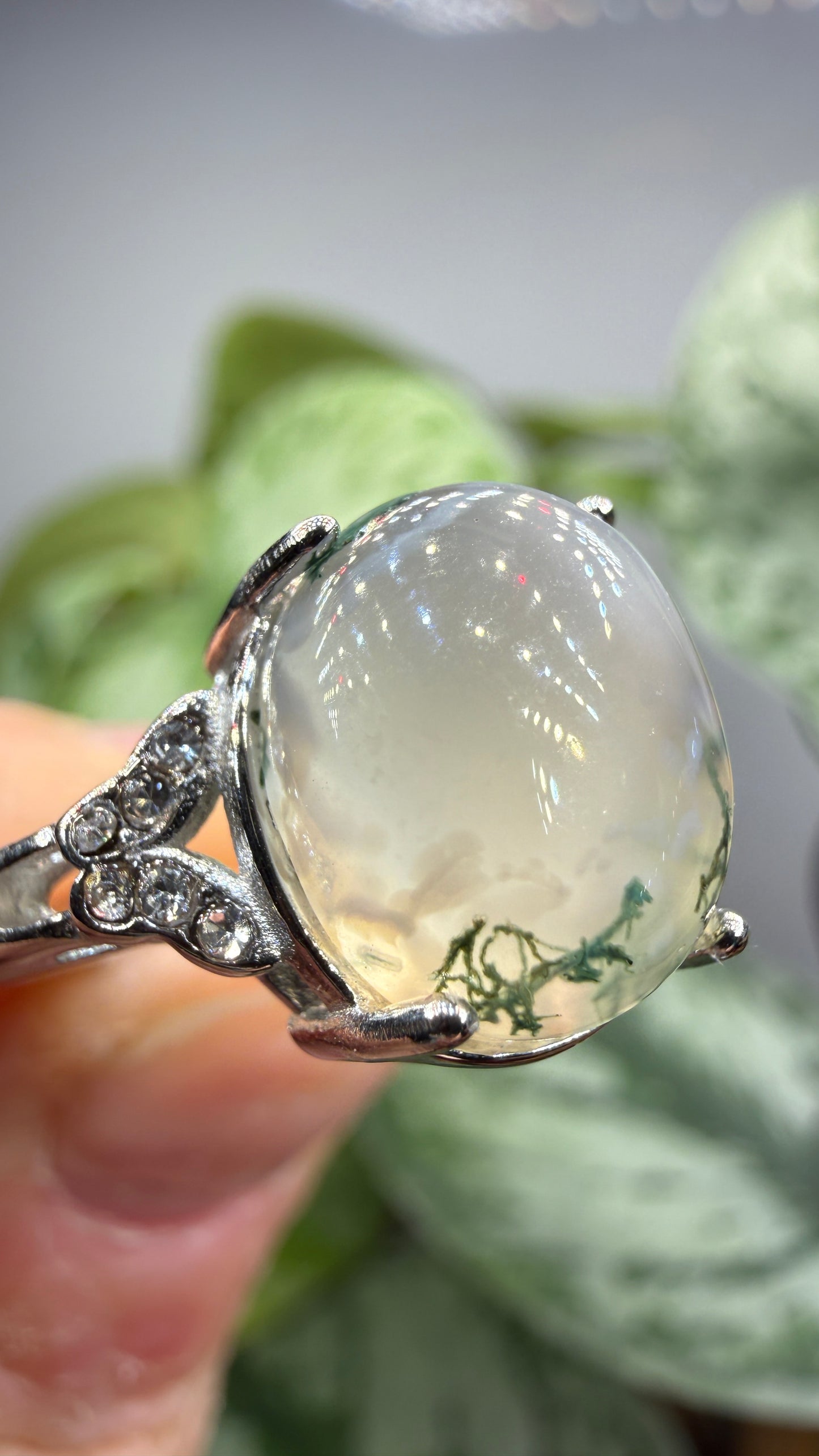 Natural Moss Agate Cabochon Ring Size 7 in 316L Stainless Steel- 10x12mm Oval Gemstone