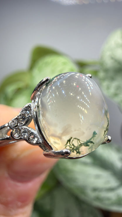 Natural Moss Agate Cabochon Ring Size 7 in 316L Stainless Steel- 10x12mm Oval Gemstone
