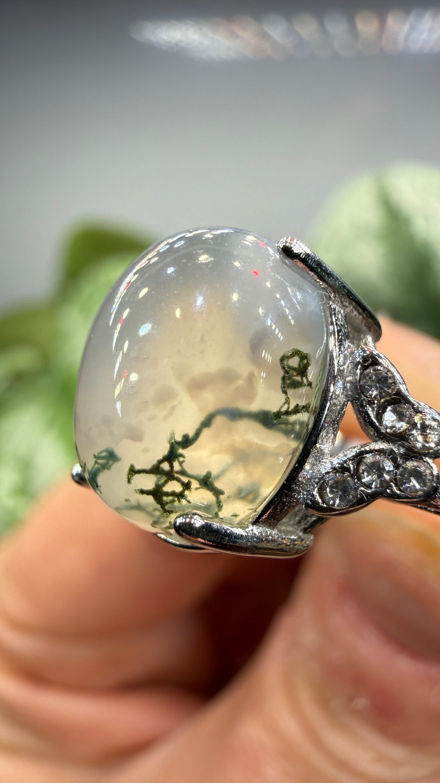 Natural Moss Agate Cabochon Ring Size 7 in 316L Stainless Steel- 10x12mm Oval Gemstone