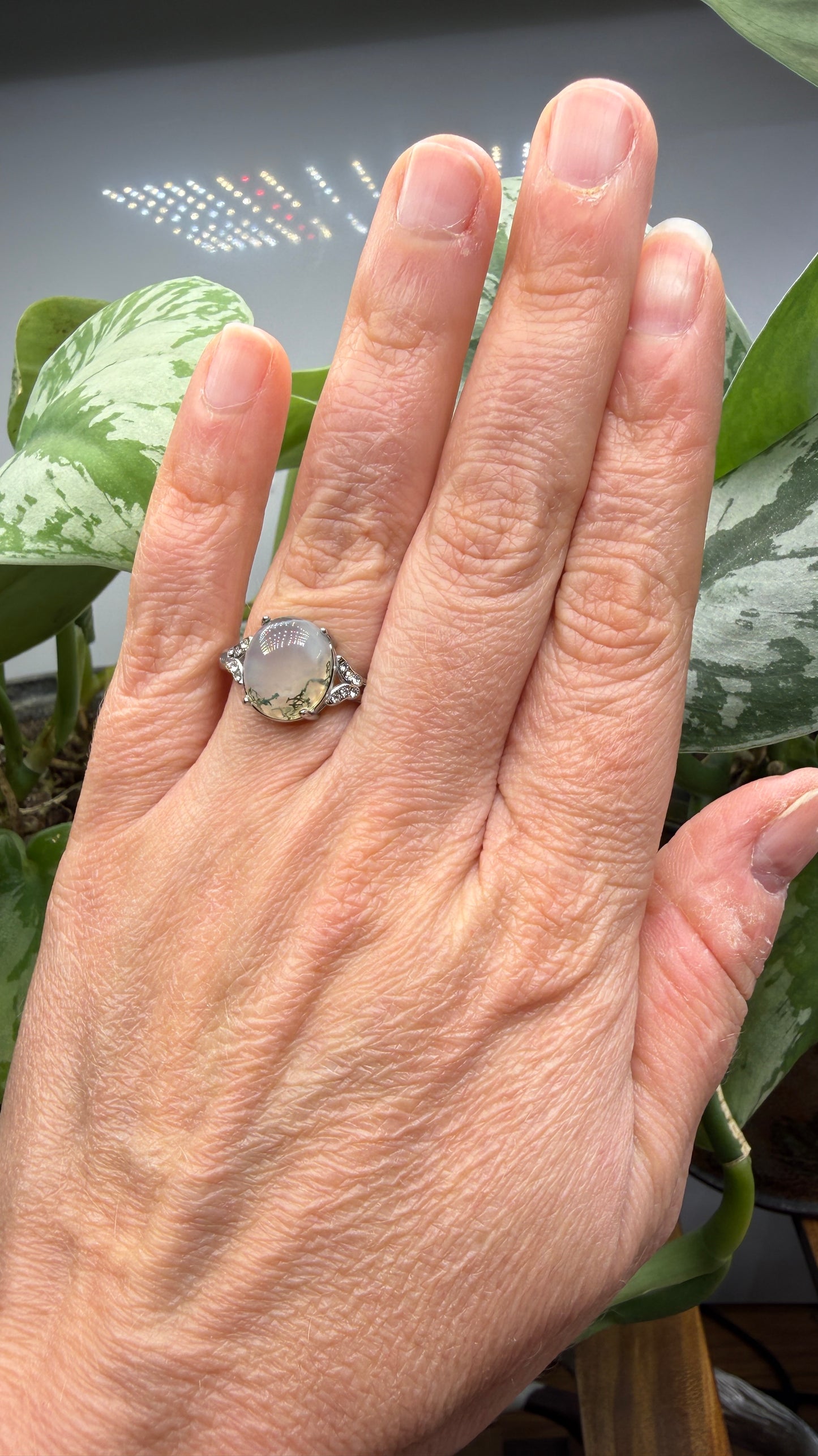 Natural Moss Agate Cabochon Ring Size 7 in 316L Stainless Steel- 10x12mm Oval Gemstone