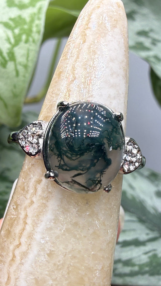 Natural Moss Agate Cabochon Ring Size 7 in 316L Stainless Steel- 10x12mm Oval Gemstone
