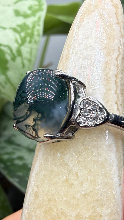 Natural Moss Agate Cabochon Ring Size 7 in 316L Stainless Steel- 10x12mm Oval Gemstone