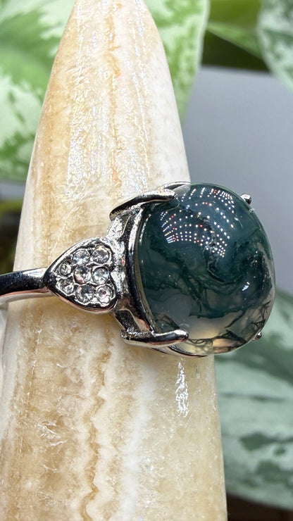 Natural Moss Agate Cabochon Ring Size 7 in 316L Stainless Steel- 10x12mm Oval Gemstone
