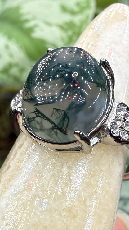 Natural Moss Agate Cabochon Ring Size 7 in 316L Stainless Steel- 10x12mm Oval Gemstone