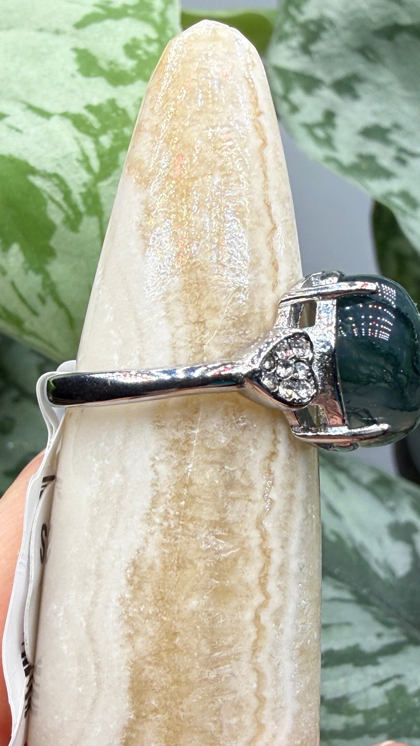 Natural Moss Agate Cabochon Ring Size 7 in 316L Stainless Steel- 10x12mm Oval Gemstone