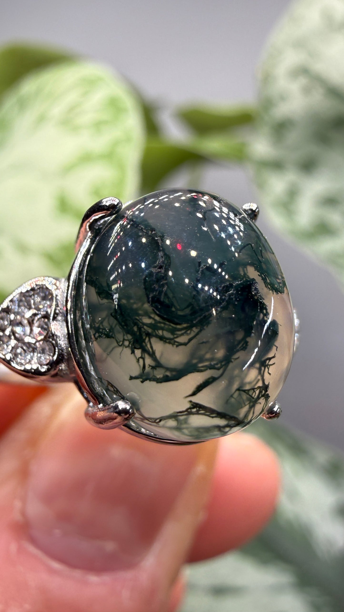 Natural Moss Agate Cabochon Ring Size 7 in 316L Stainless Steel- 10x12mm Oval Gemstone