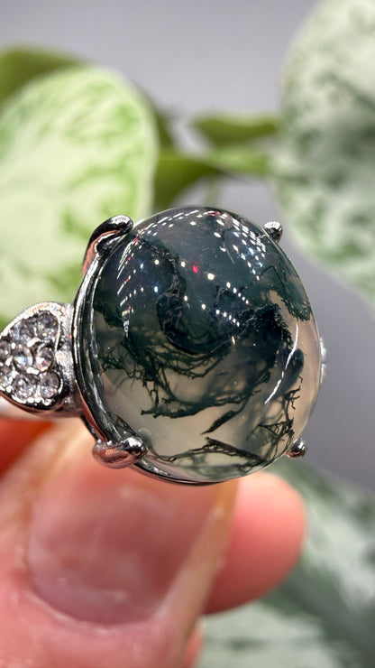 Natural Moss Agate Cabochon Ring Size 7 in 316L Stainless Steel- 10x12mm Oval Gemstone