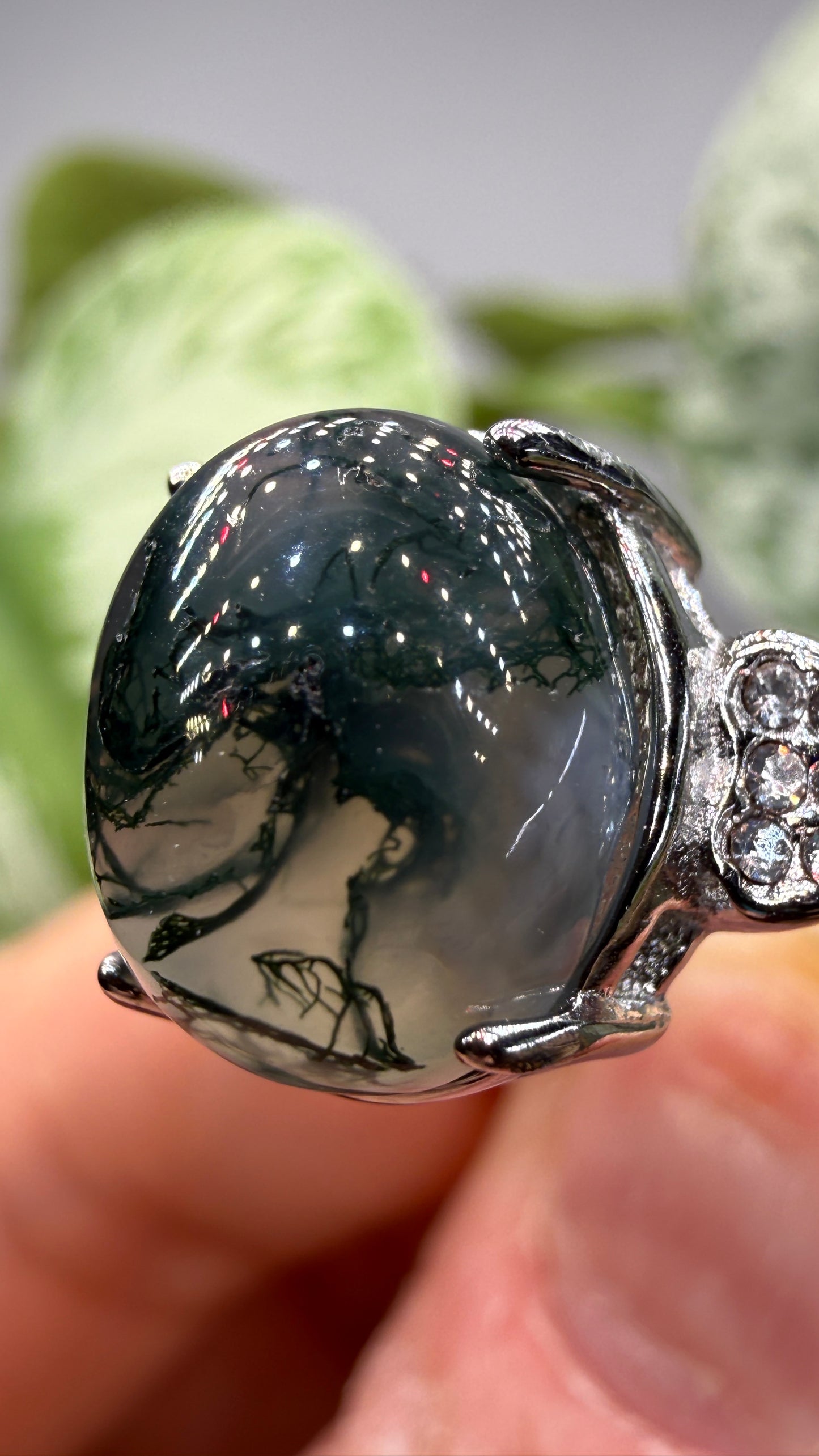 Natural Moss Agate Cabochon Ring Size 7 in 316L Stainless Steel- 10x12mm Oval Gemstone