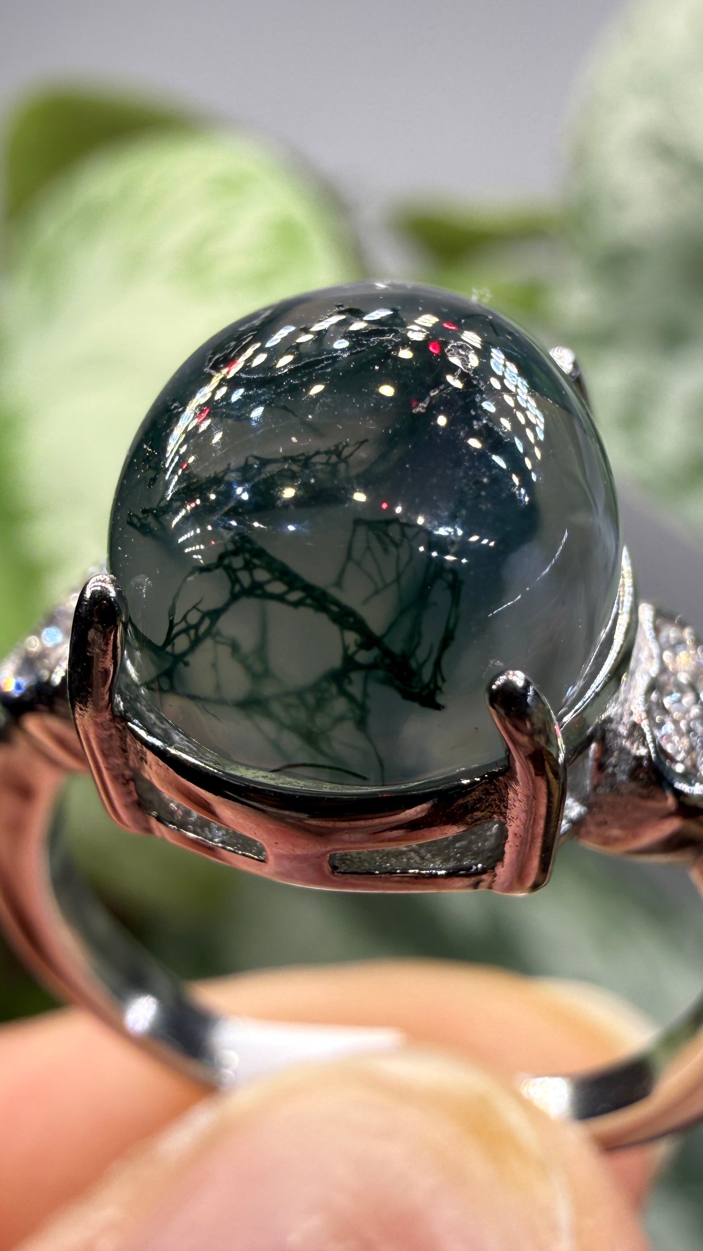 Natural Moss Agate Cabochon Ring Size 7 in 316L Stainless Steel- 10x12mm Oval Gemstone