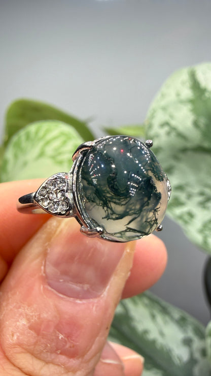 Natural Moss Agate Cabochon Ring Size 7 in 316L Stainless Steel- 10x12mm Oval Gemstone