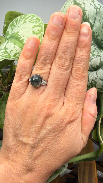 Natural Moss Agate Cabochon Ring Size 7 in 316L Stainless Steel- 10x12mm Oval Gemstone