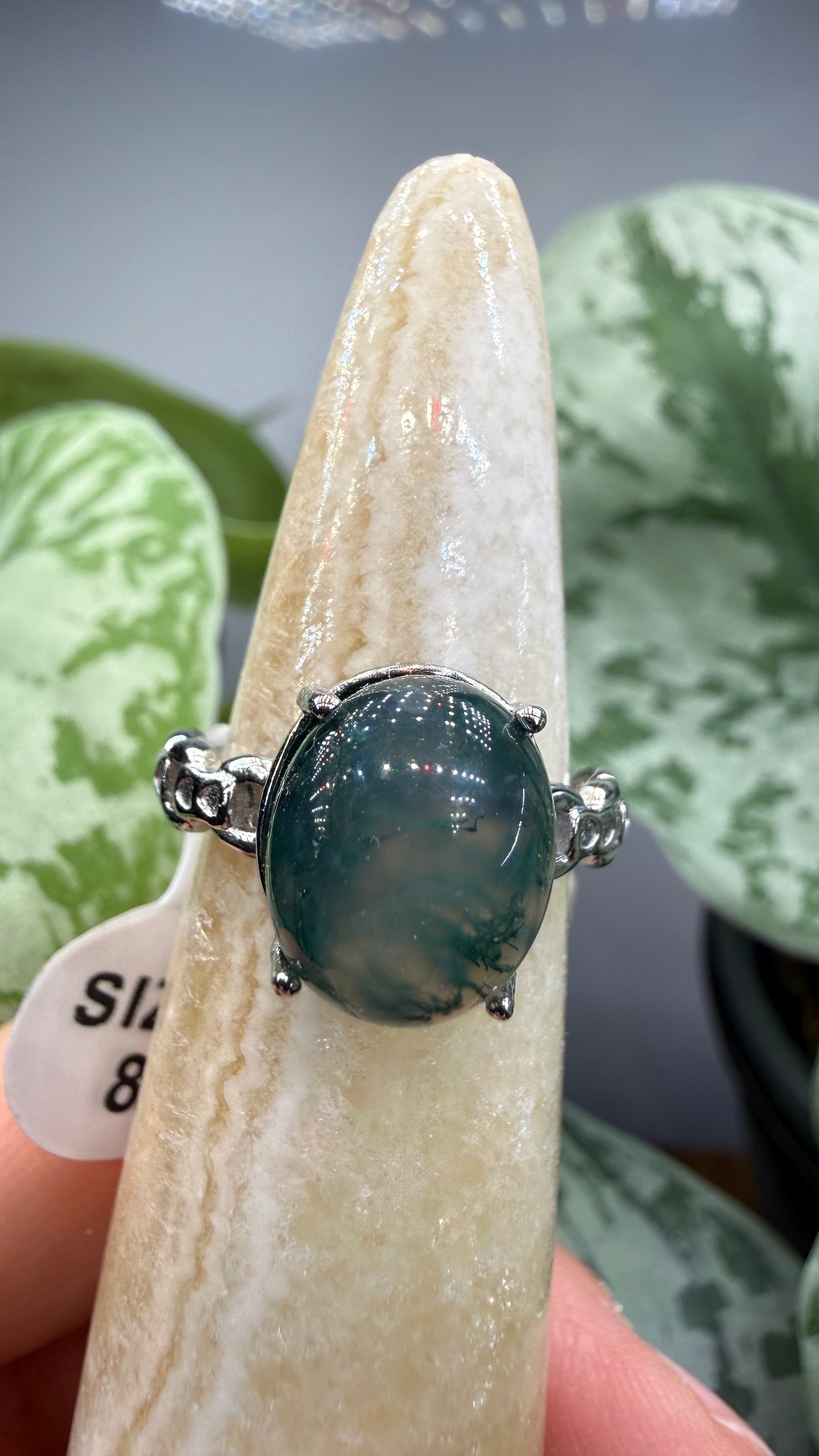 Natural Moss Agate Cabochon Ring Size 8 in 316L Stainless Steel- 10x12mm Oval Gemstone