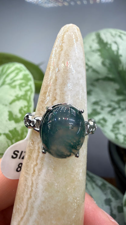 Natural Moss Agate Cabochon Ring Size 8 in 316L Stainless Steel- 10x12mm Oval Gemstone