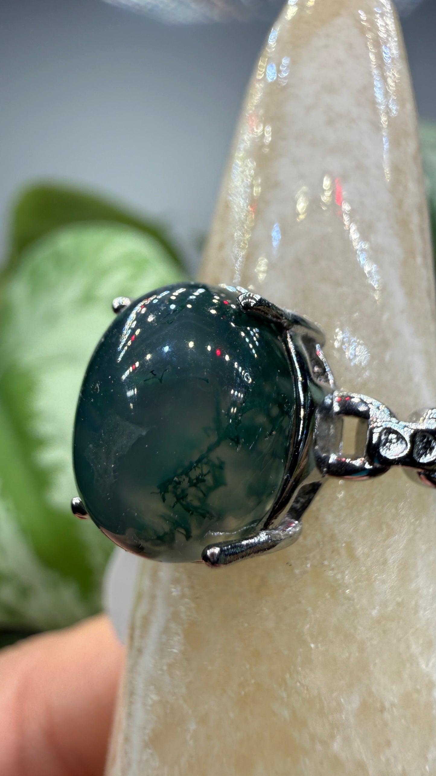 Natural Moss Agate Cabochon Ring Size 8 in 316L Stainless Steel- 10x12mm Oval Gemstone