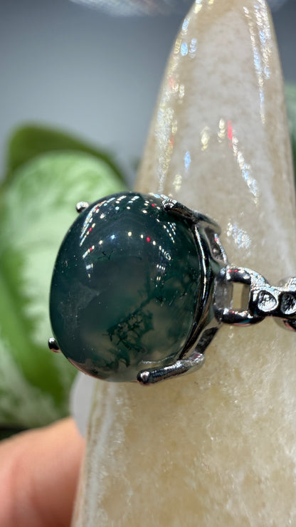 Natural Moss Agate Cabochon Ring Size 8 in 316L Stainless Steel- 10x12mm Oval Gemstone