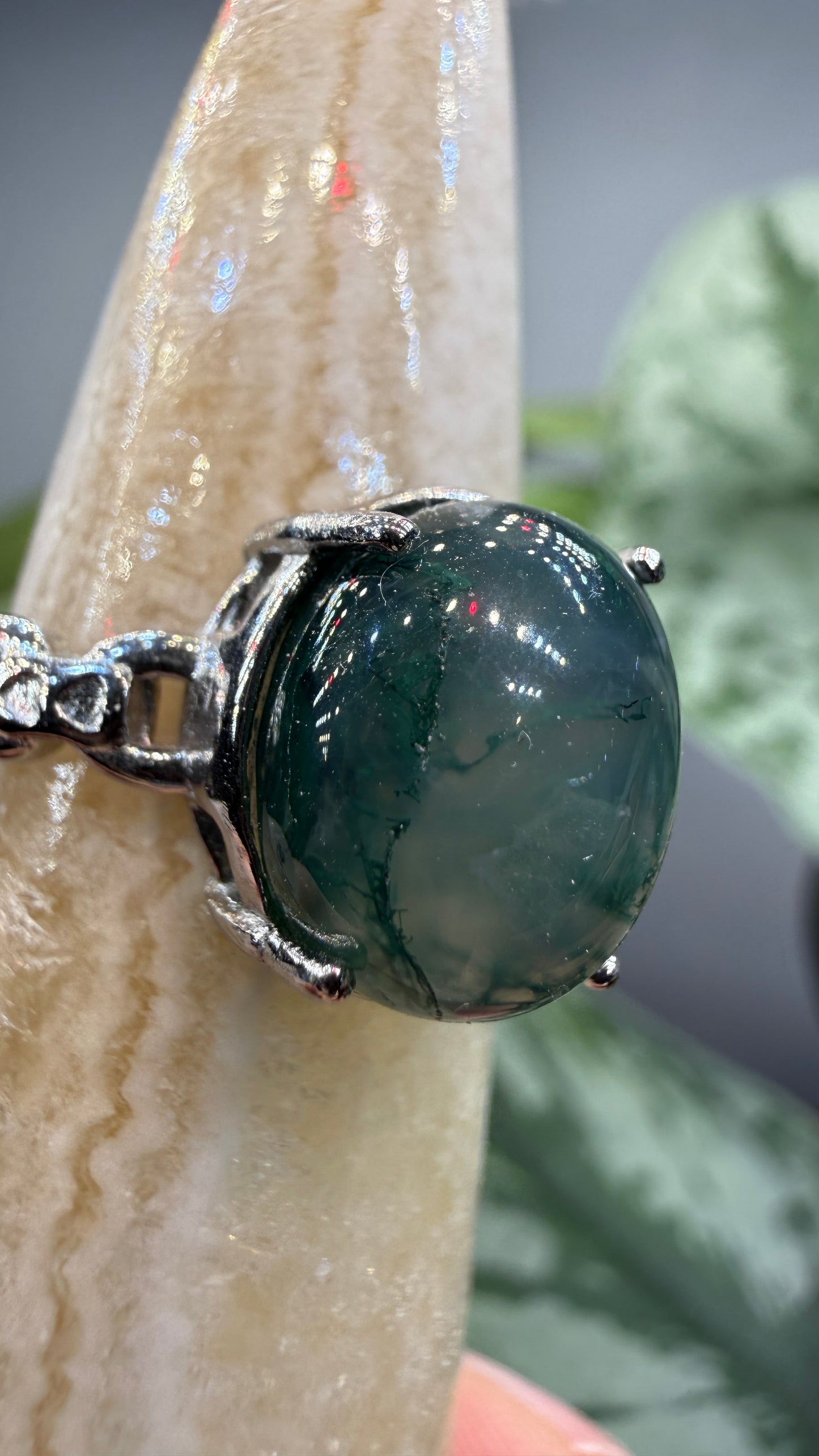 Natural Moss Agate Cabochon Ring Size 8 in 316L Stainless Steel- 10x12mm Oval Gemstone