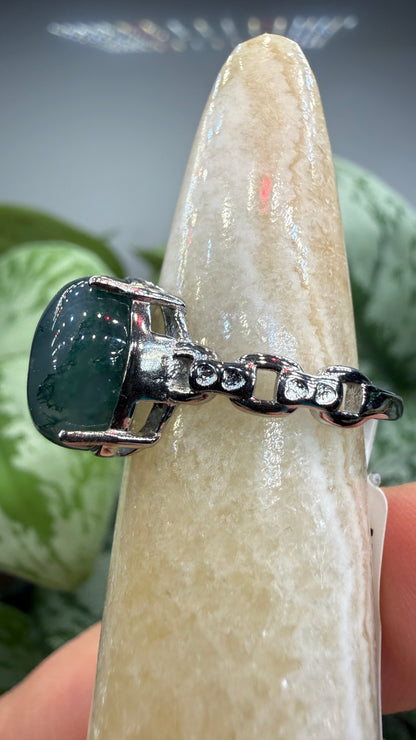 Natural Moss Agate Cabochon Ring Size 8 in 316L Stainless Steel- 10x12mm Oval Gemstone