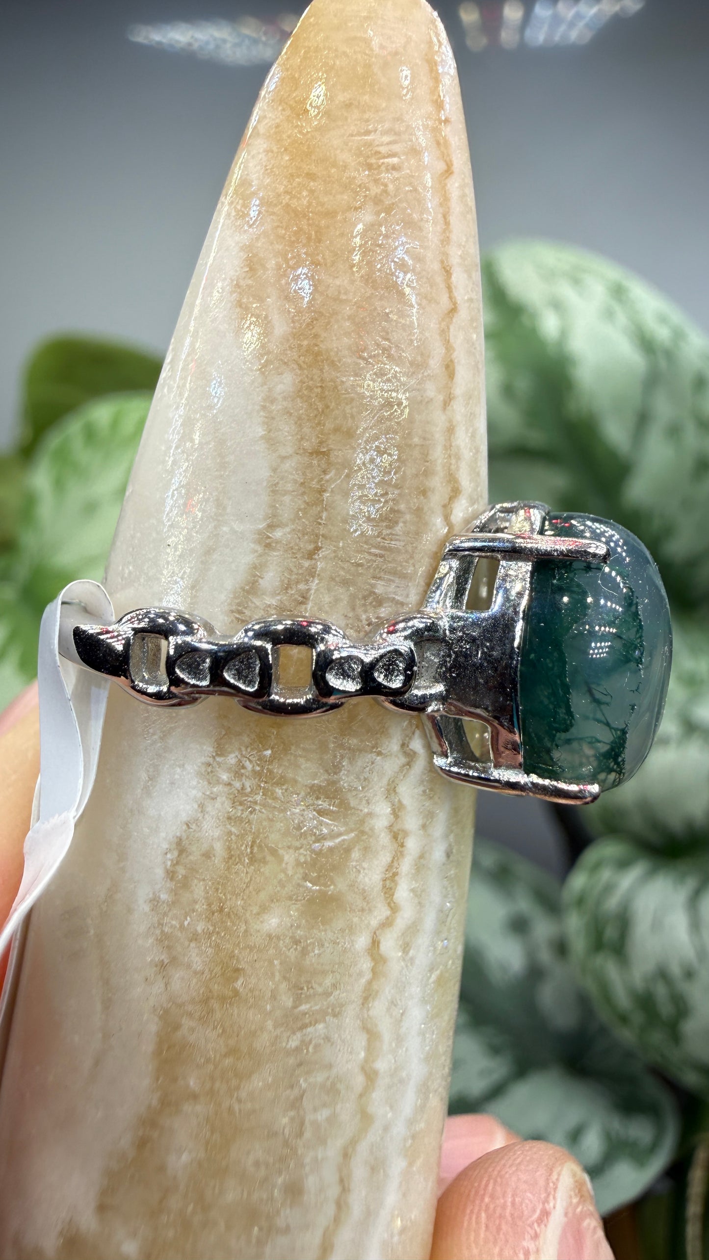 Natural Moss Agate Cabochon Ring Size 8 in 316L Stainless Steel- 10x12mm Oval Gemstone