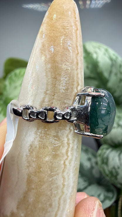 Natural Moss Agate Cabochon Ring Size 8 in 316L Stainless Steel- 10x12mm Oval Gemstone